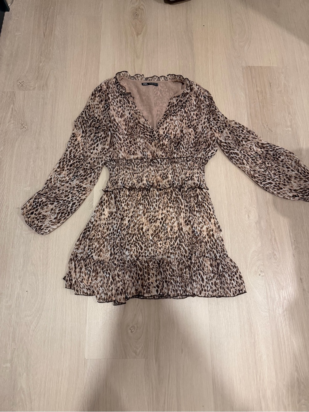 Zara Leopard Print Long Sleeve Smocked Mini Dress - Beige Brown Black